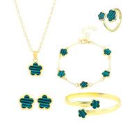 FDEETY Bijoux Femme 5 Pièces Alliage Fleur à Cinq Feuilles Bague Boucles d'Oreilles Collier Bracelet Idéal pour Cadeaux, Occasions Spéciales et Femmes（vert）