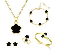 FDEETY Bijoux Femme 5 Pièces Alliage Fleur à Cinq Feuilles Bague Boucles d'Oreilles Collier Bracelet Idéal pour Cadeaux, Occasions Spéciales et Femmes（noir）