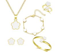 FDEETY Bijoux Femme 5 Pièces Alliage Fleur à Cinq Feuilles Bague Boucles d'Oreilles Collier Bracelet Idéal pour Cadeaux, Occasions Spéciales et Femmes（Blanc）