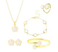 FDEETY Bijoux Femme Mode Bijoux Alliage avec Fleurs en Boucles d'Oreilles Collier Bracelet Bague Set Minimalistes Réglable Vacances Cadeau (Blanc)