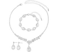 FDEETY Bijoux Femme Set de Zircon Goutte 3 Pièces Cuivre Bracelets Boucles d'Oreilles Collier Idéal pour Mariées, Occasions Spéciales et Robes Élégantes（argent）