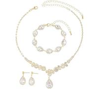FDEETY Bijoux Femme Set de Zircon Goutte 3 Pièces Cuivre Bracelets Boucles d'Oreilles Collier Idéal pour Mariées, Occasions Spéciales et Robes Élégantes（Doré）