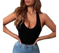 FDEETY Body Femme sans Manche Bodysuit Col Plongeant Halter Neck Body Élégant Bodys Moulant Confortable Extensible Basique pour Quotidien Soirée
