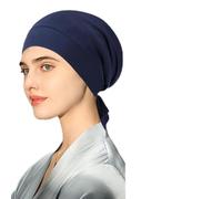 FDEETY Bonnet en Satin avec Sangle Réglable pour Dormir Reste en Place Toute la Nuit Bonnets de Nuit pour Cheveux Bouclés Naturels Tresses Femmes et Hommes (Bleu Foncé)