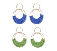 FDEETY Boucles D'oreilles en Raphia pour Femmes et Filles Bohème Main Braid Hoop Baisse Balancent Boucles D'oreilles D'été pour Plage (Bleu + Vert)