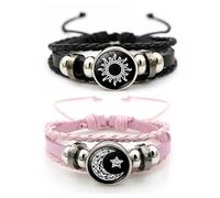 FDEETY Bracelet Cuir Tressé Motif Céleste Soleil Lune Étoile Ajustable Multicouche Bijou Cosmique Unisexe