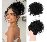 FDEETY Chignon Postiche Cheveux Court Ondulée Extension Naturel Grande Court Ponytail Queue Synthétique avec Pinc de Cheval Chignon Chouchous Extensions Cheveux(Noir)