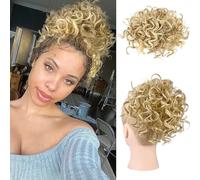 FDEETY Chignon Postiche Cheveux Court Ondulée Extension Naturel Grande Court Ponytail Queue Synthétique avec Pinc de Cheval Chignon Chouchous Extensions Cheveux(Blond Foncé)