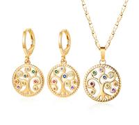 FDEETY Ensemble Bijoux Arbre Vie Rond Cristaux Colorés Collier Boucles Oreilles Plaqué Or Femme Élégant Accessoires Quotidiens