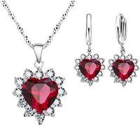 FDEETY Ensemble Bijoux Cœur Cristal Rubis Collier Boucles D'oreilles Argent Femme Élégant Brillant Parure