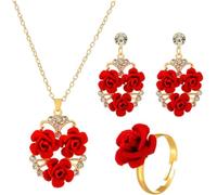 FDEETY Ensemble Bijoux Cœur Roses Collier Boucles D'oreilles Bague Femme Élégant Cristal Strass Doré Romantique