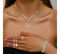 FDEETY Ensemble Bijoux Goutte Cristal Bleu Collier Boucles D'oreilles Bracelet Bague Strass Brillants Parure Élégante
