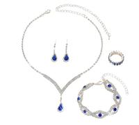 FDEETY Ensemble Bijoux Goutte Cristal Bleu Collier Boucles D'oreilles Bracelet Bague Strass Brillants Parure Élégante