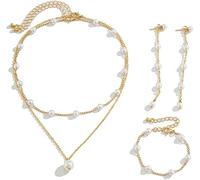 FDEETY Ensemble Bijoux Perles Élégantes Collier Superposé Pendentif Bracelet Boucles D'oreilles Longues Parures Femme Accessoires Bijouterie