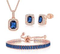 FDEETY Ensemble Bijoux Rectangle Cristal Bleu Collier Bracelet Boucles D'oreilles Pavé Zircon Parure Femme Ajustable