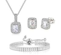 FDEETY Ensemble Bijoux Rectangle Cristal Bleu Collier Bracelet Boucles D'oreilles Pavé Zircon Parure Femme Ajustable