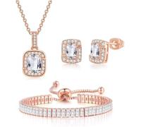 FDEETY Ensemble Bijoux Rectangle Cristal Bleu Collier Bracelet Boucles D'oreilles Pavé Zircon Parure Femme Ajustable