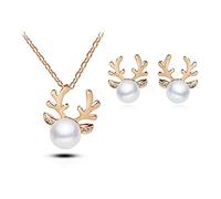 FDEETY Ensemble de Bijoux pour Femme Boucles d'oreilles de Collier Renne Perle Goutte Noël pour le cadeau de la Saint-Valentin, or