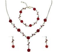 FDEETY Femme Parure Bijoux Rose Rouge - Boucles d'oreilles Pendantes avec Y-Collier Fleur, Bracelet à Breloques - Cadeau Mariage