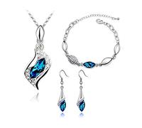 FDEETY Femme Parure de Bijoux Pendentif Collier Bracelet Crochet Boucles d'oreilles Pendantes avec Cristal Autrichien Cadeau pour Petite Amie épouse, Bleu