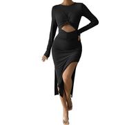 FDEETY Femme Robe col Rond Manches Longues Robe Cut Out Crayon Robe de Soirée Élégante pour Soirée Party Cocktail (Noir,M)
