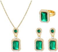 FDEETY Parure Bijoux Émeraude Rectangle Collier Boucles D'oreilles Bague Ensemble Cristal Brillant Strass Plaqué Or Luxe Élégance