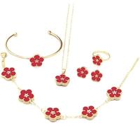 FDEETY Parure Bijoux Femme Fleurs Rouges Émaillées Collier Bracelet Bague Et Boucles D'Oreilles Ensemble De Bijoux Élégant Et Raffiné