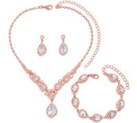 FDEETY Parure Bijoux Femme Mariage Cristal Mariée Collier Boucle d'oreille et Bracelet Ensemble Mariage Fiançailles Mariée Demoiselle D'honneur (Or Rose)