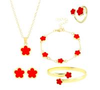 FDEETY Parure Bijoux Femme Mode Alliage avec Fleurs en Boucles d'Oreilles Collier Bracelet Bague Set Minimalistes Réglable Vacances Cadeau (Rouge)