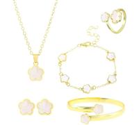 FDEETY Parure Bijoux Femme Mode Bijoux Alliage avec Fleurs en Boucles d'Oreilles Collier Bracelet Bague Set Minimalistes Réglable Vacances Cadeau de Bijoux(Blanc)