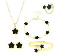 FDEETY Parure Bijoux Femme Mode Bijoux Alliage avec Fleurs en Boucles d'Oreilles Collier Bracelet Bague Set Minimalistes Réglable Vacances Cadeau de Bijoux(Noir)