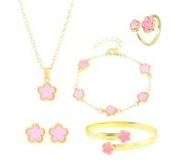 FDEETY Parure Bijoux Femme Mode Bijoux Alliage avec Fleurs en Boucles d'Oreilles Collier Bracelet Bague Set Minimalistes Réglable Vacances Cadeau de Bijoux(Rose)