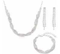 FDEETY Parure Bijoux Femme Torsadé Cristal Brillant Collier Boucles D'oreilles Bracelet Ensemble Strass Élégant Mariage Cérémonie