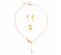 FDEETY Parure Bijoux Feuille Élégante Collier Boucles D'oreilles Bague Ensemble Perle Naturelle Chaîne Ajustable Accessoire Femme