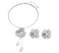 FDEETY Parure Bijoux Fleur Pétale Texturé Collier Pendentif Perle Boucles Oreilles Ensemble Élégant Accessoire Femme