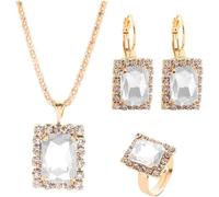 FDEETY Parure Bijoux Rectangulaire Cristal Zircon Collier Boucles D'oreilles Bague Ensemble Élégant Luxueux Brillant Strass Plaqué Or