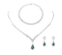 FDEETY Parure de Bijoux de Mariage avec Strass Scintillants et Pendentif Collier Boucles D'oreilles Bracelet Ensembles de Mariage pour Femmes（Vert）
