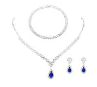 FDEETY Parure de Bijoux de Mariage avec Strass Scintillants et Pendentif Collier Boucles D'oreilles Bracelet Ensembles de Mariage pour Femmes(Bleu)