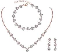 FDEETY Parure de Bijoux en Strass pendentif Collier Boucles D'oreilles et Bracelet Ensemble de Bijoux de Mariage pour Femmes et Filles (Or Rose)
