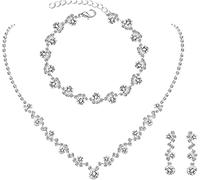 FDEETY Parure de Bijoux en Strass pendentif Collier Boucles D'oreilles et Bracelet Ensemble de Bijoux de Mariage pour Femmes et Filles (Argent)