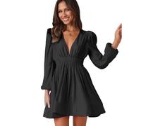 FDEETY Robe Femme Courte Sexy Moulante à Manches Longues Col en V Robe Ligne A pour Mariage Cocktail Casual Party Soirée (Noir,S)