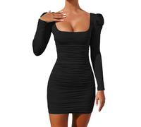 FDEETY Robe Femme Robe à Manches Longues Encolure Carrée Sexy Mini Robe Backless Bodycon Slim Fit Courte Wrap Dress Robe de Cocktail Casual Party Soirée Clubbing Nuit