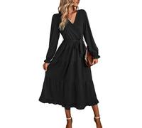 FDEETY Robe Femmes Décontractée à Manches Longues Col en V Robe à Volants Ligne A pour Cocktail Casual Party Soirée (Noir,L)