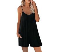 FDEETY Salopette Femme Été Combinaison Jumpsuit Mode Unie Grande Taille Overalls Rompers avec Poches Décontractée Debardeur Playsuit (Noir/L)