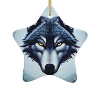 FDGBNM Arbre de Noël en céramique à suspendre Tête de loup féroce Impression recto verso Corde dorée Parfait pour les décorations de vacances et les cadeaux.