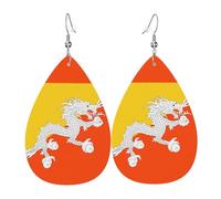 Fdgbnm Boucles d'oreilles en cuir avec motif drapeau du Royaume du Bhoutan. Boucles d'oreilles pendantes en cuir imprimé double face. Légères, hypoallergéniques, festives et prêtes à offrir.