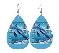 Fdgbnm Boucles d'oreilles en cuir Winter The Dolphin. Boucles d'oreilles pendantes en cuir imprimé double face. Légères, hypoallergéniques, festives et prêtes à offrir.