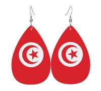 Fdgbnm Boucles d'oreilles pendantes en cuir avec drapeau tunisien. Boucles d'oreilles pendantes en cuir imprimé double face. Légères, hypoallergéniques, festives et prêtes à offrir.