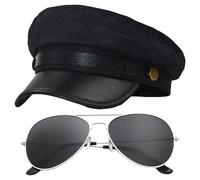 FDGGT 1 Casquette Plate Et 1 Lunettes, Casquette Respirante Polyvalente, Casquette en Cuir PU, Casquette De Pilote, Accessoires De Cosplay
