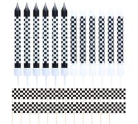 FDGGT Paquet De 12 Bougies À Carreaux Noirs Et Blancs Et 24 Pièces D'Inserts À Carreaux Noirs Et Blancs, Décorations De Gâteaux sur Le Thème De La Course, Fournitures De Fête